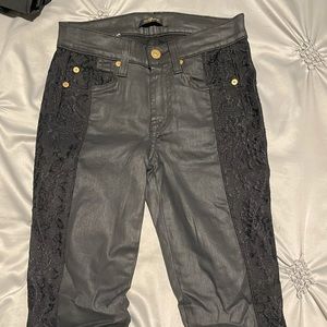 7 for All Mankind black leather skinny jeans.